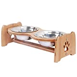 X-ZONE PET Raised Pet Bowls for Cats and Dogs, Adjustable Bamboo Elevated Dog Cat Food and Water Bowls Stand Feeder with 2 Stainless Steel Bowls and Anti Slip Feet (Height 4')